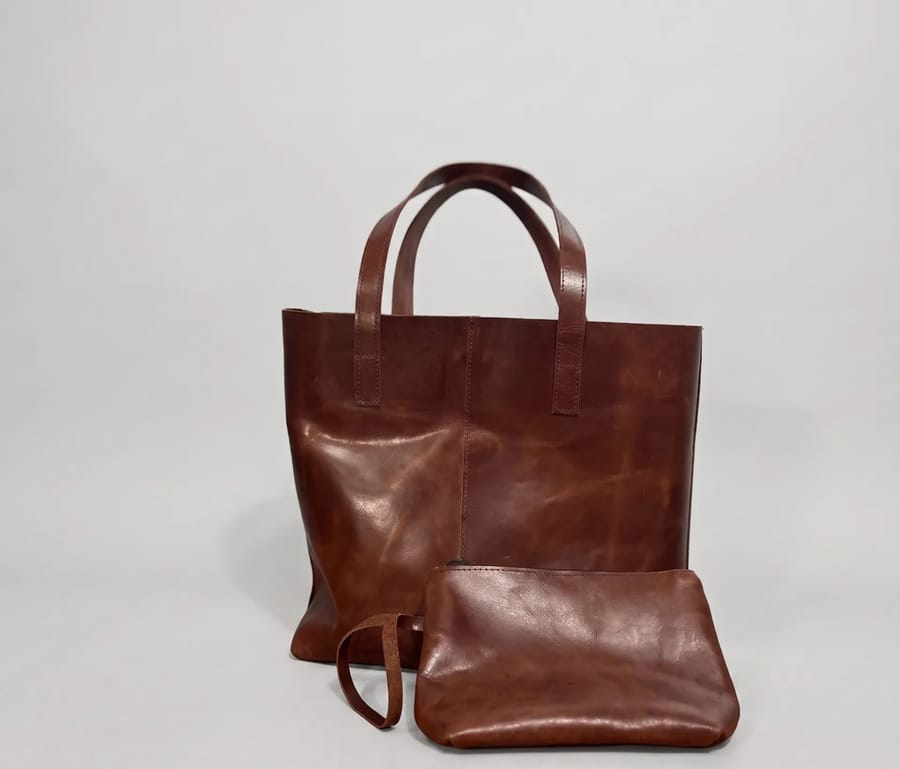Brown Leather Tote Bag with Pouch